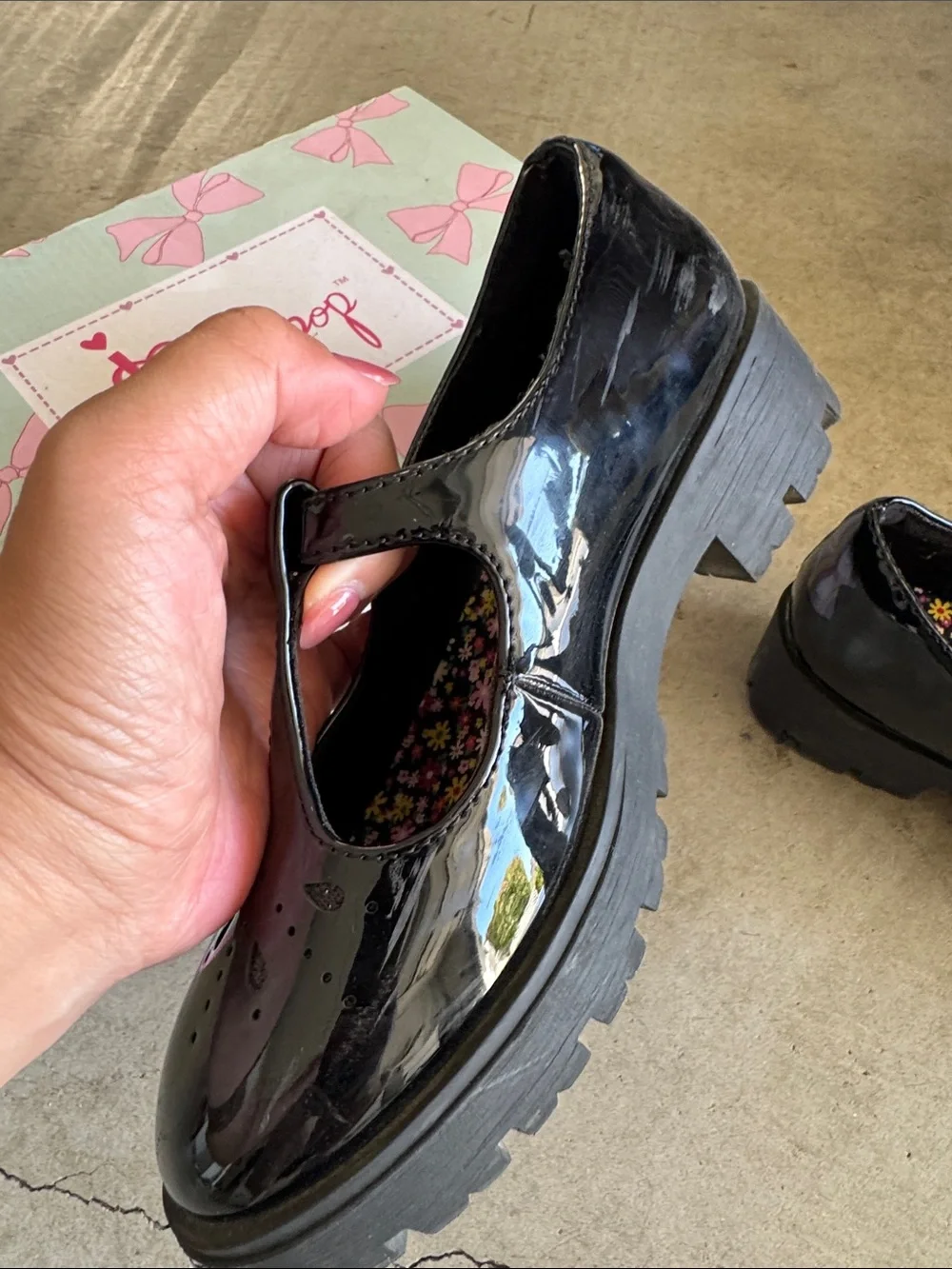 Jellypop Pandora Kids Black Patent Mary Jane Shoes with Flower Insole